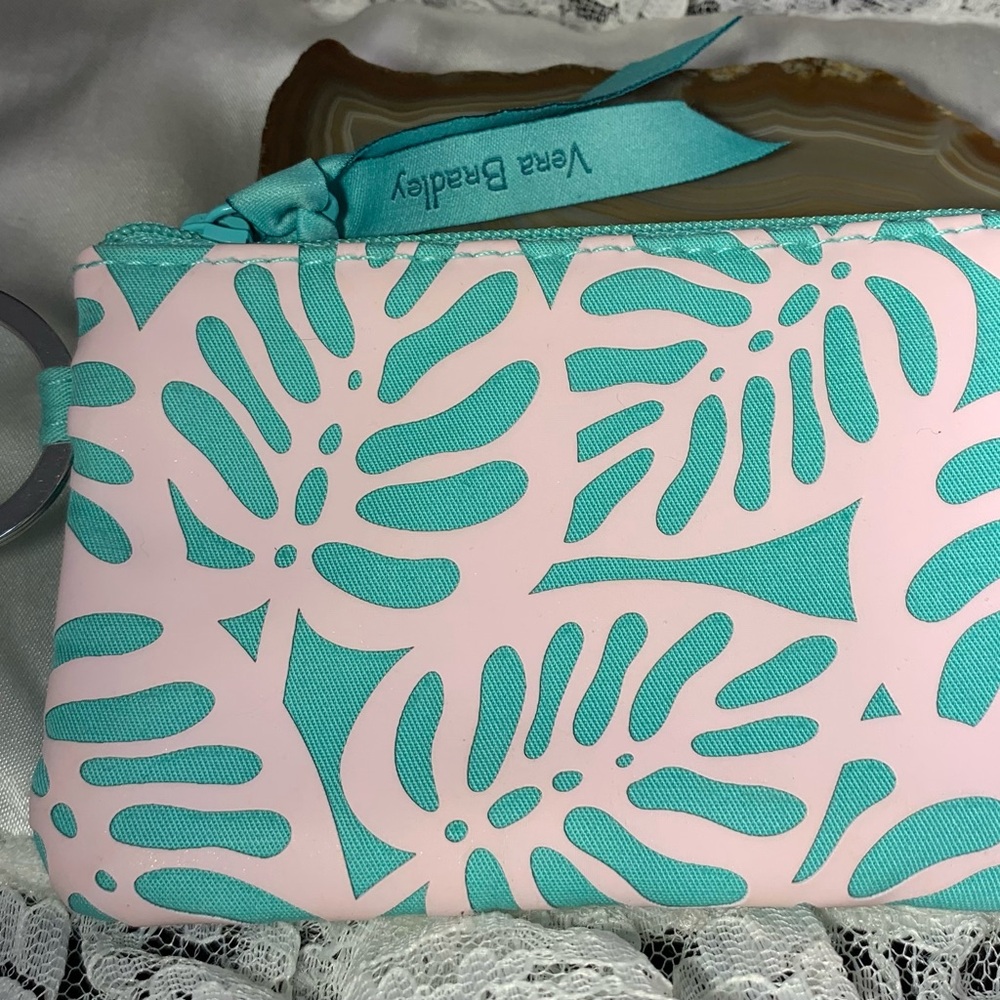 Vera Bradley Teal and White Zip ID Coin Purse.